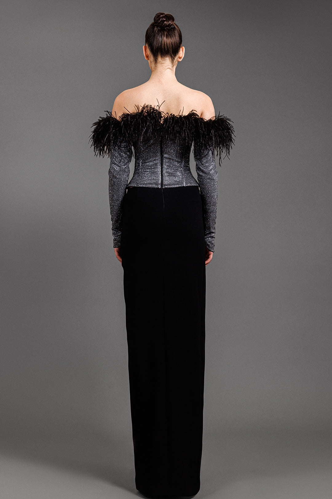 Off-The-Shoulder Crepe Dress With Feathers