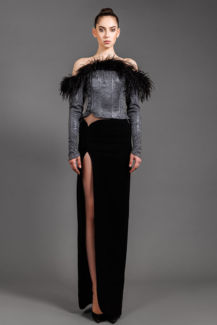 Off-The-Shoulder Crepe Dress With Feathers