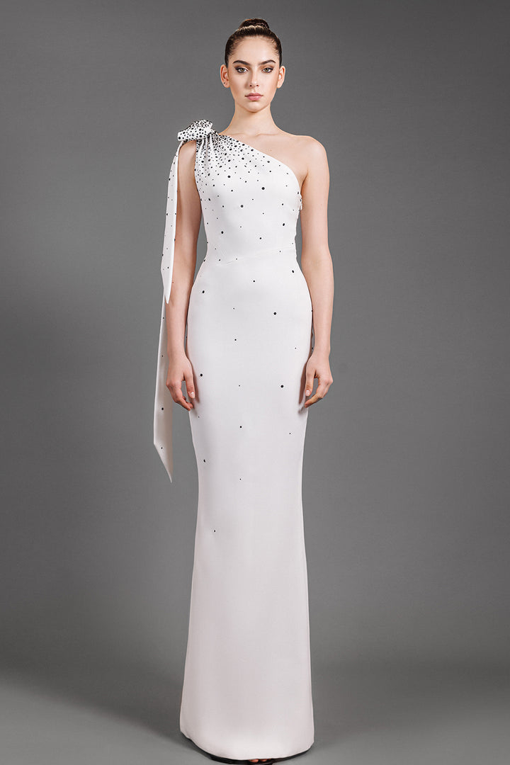 One-Shoulder Trumpet Cut Crepe Dress