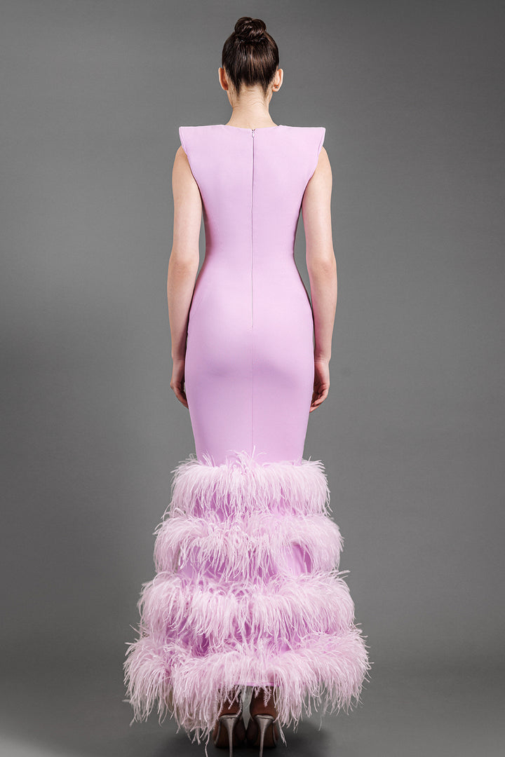 Sleeveless Crepe Dress with Feathers