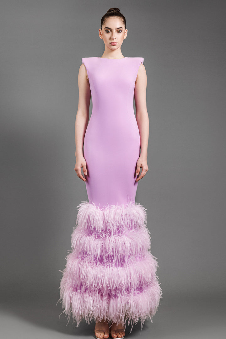 Sleeveless Crepe Dress with Feathers
