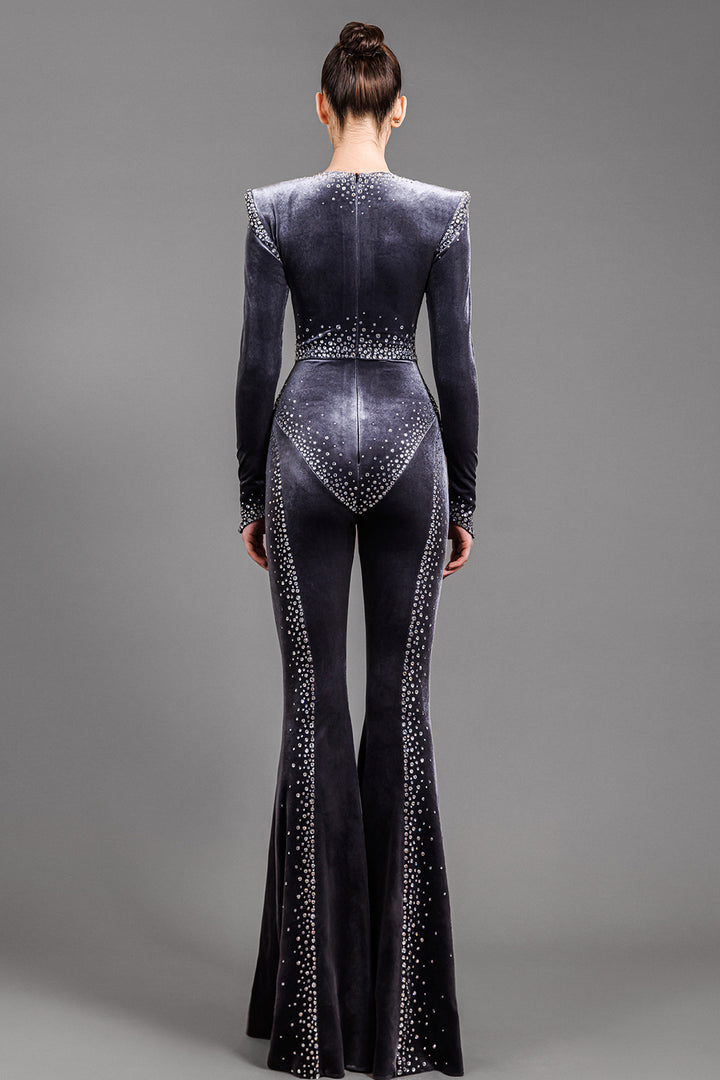 Velvet Jumpsuit With Crystal Embroidery
