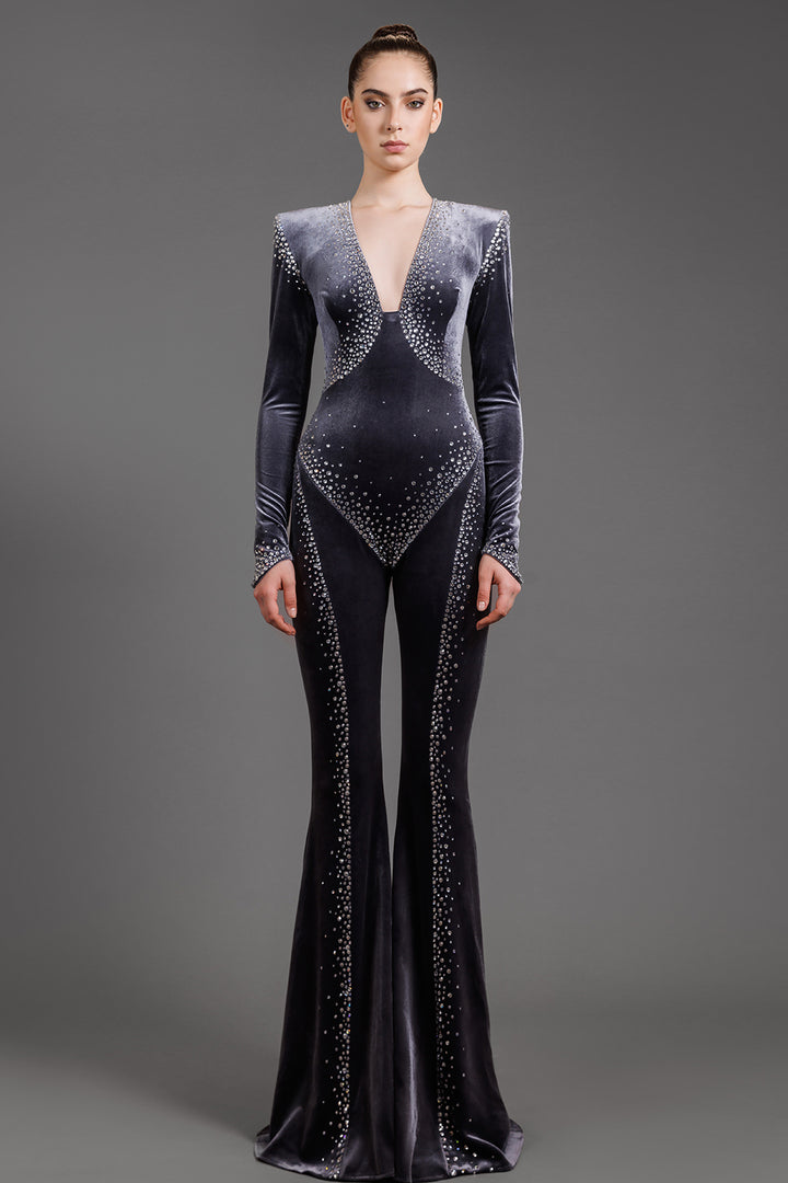Velvet Jumpsuit With Crystal Embroidery