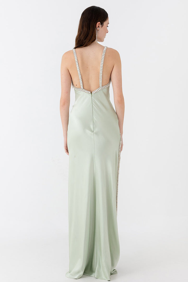 Satin Dress with Crystal Straps and Side Slit