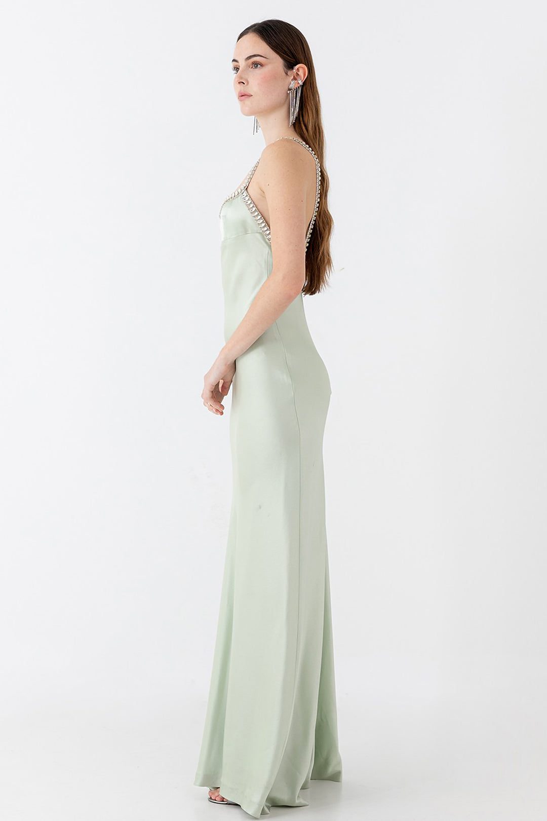 Satin Dress with Crystal Straps and Side Slit