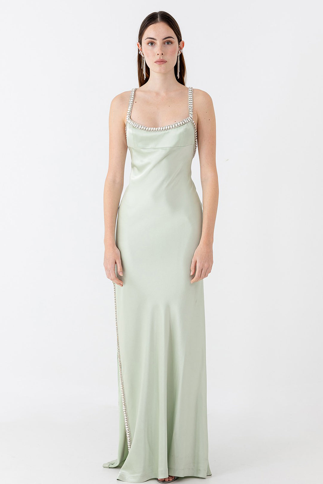 Satin Dress with Crystal Straps and Side Slit