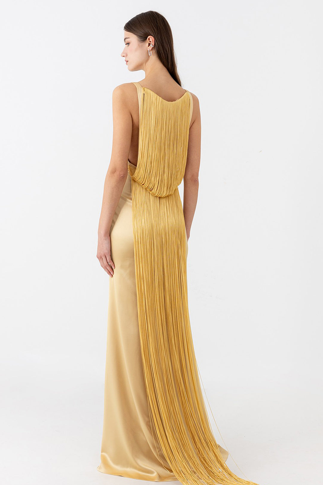 fringe satin dress Satin off-shoulder fringe detail dress. T.Tandon