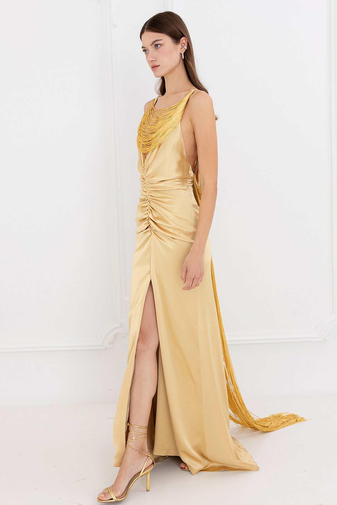 satin fringe dress Satin Cowl Neck Fringe Dress