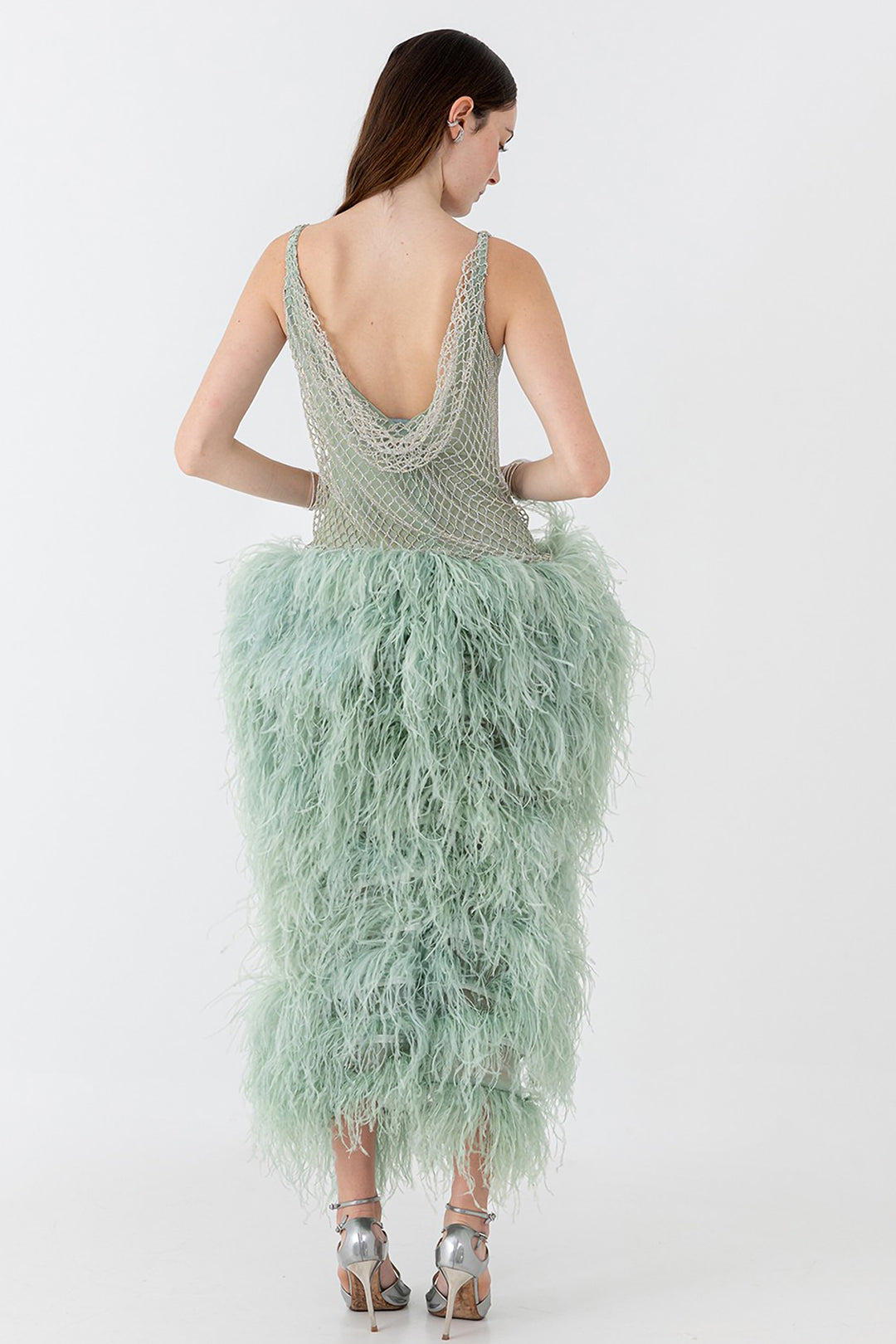 Midi Dress with Feathers and Crystal-Embellished Mesh Bodice