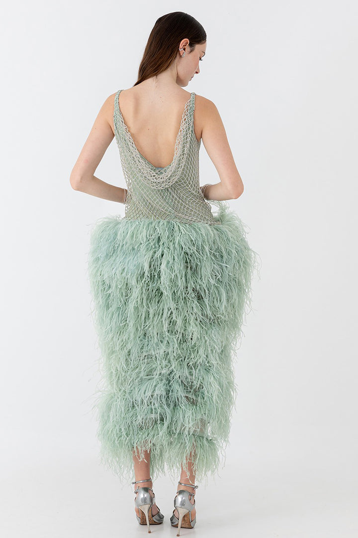 Midi Dress with Feathers and Crystal-Embellished Mesh Bodice