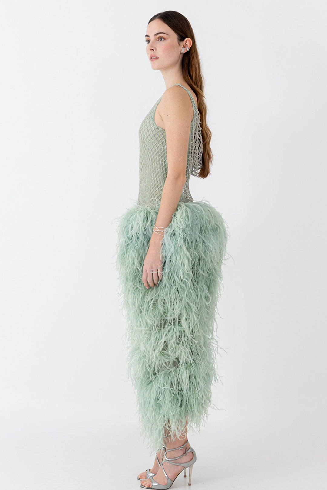 Midi Dress with Feathers and Crystal-Embellished Mesh Bodice