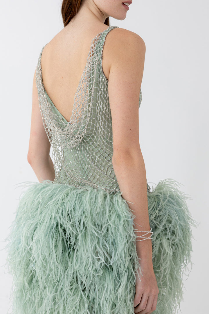 Midi Dress with Feathers and Crystal-Embellished Mesh Bodice
