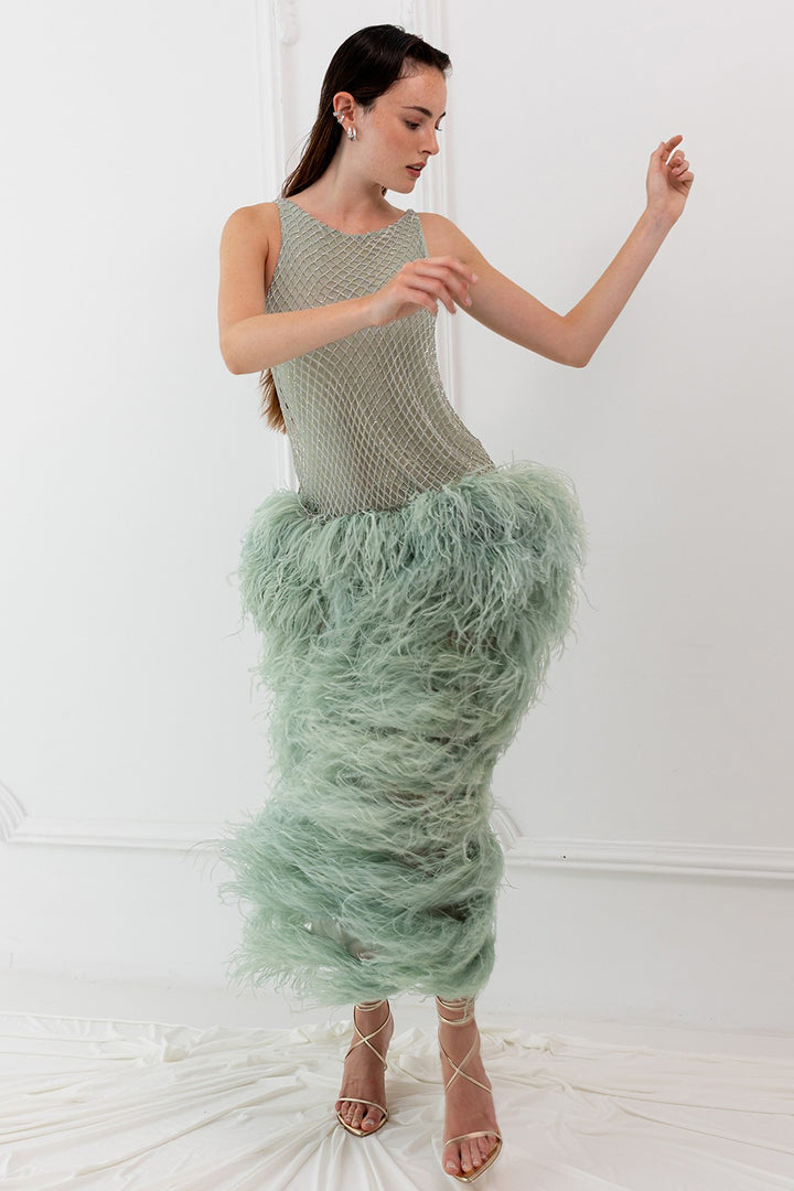 Midi Dress with Feathers and Crystal-Embellished Mesh Bodice