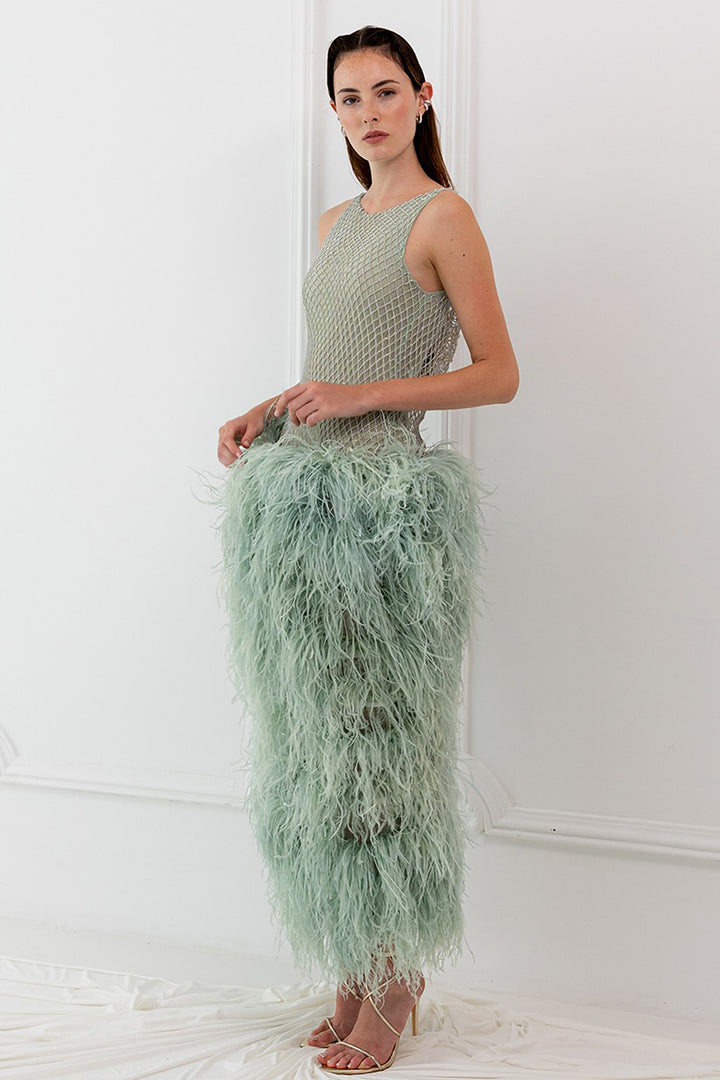 Midi Dress with Feathers and Crystal-Embellished Mesh Bodice