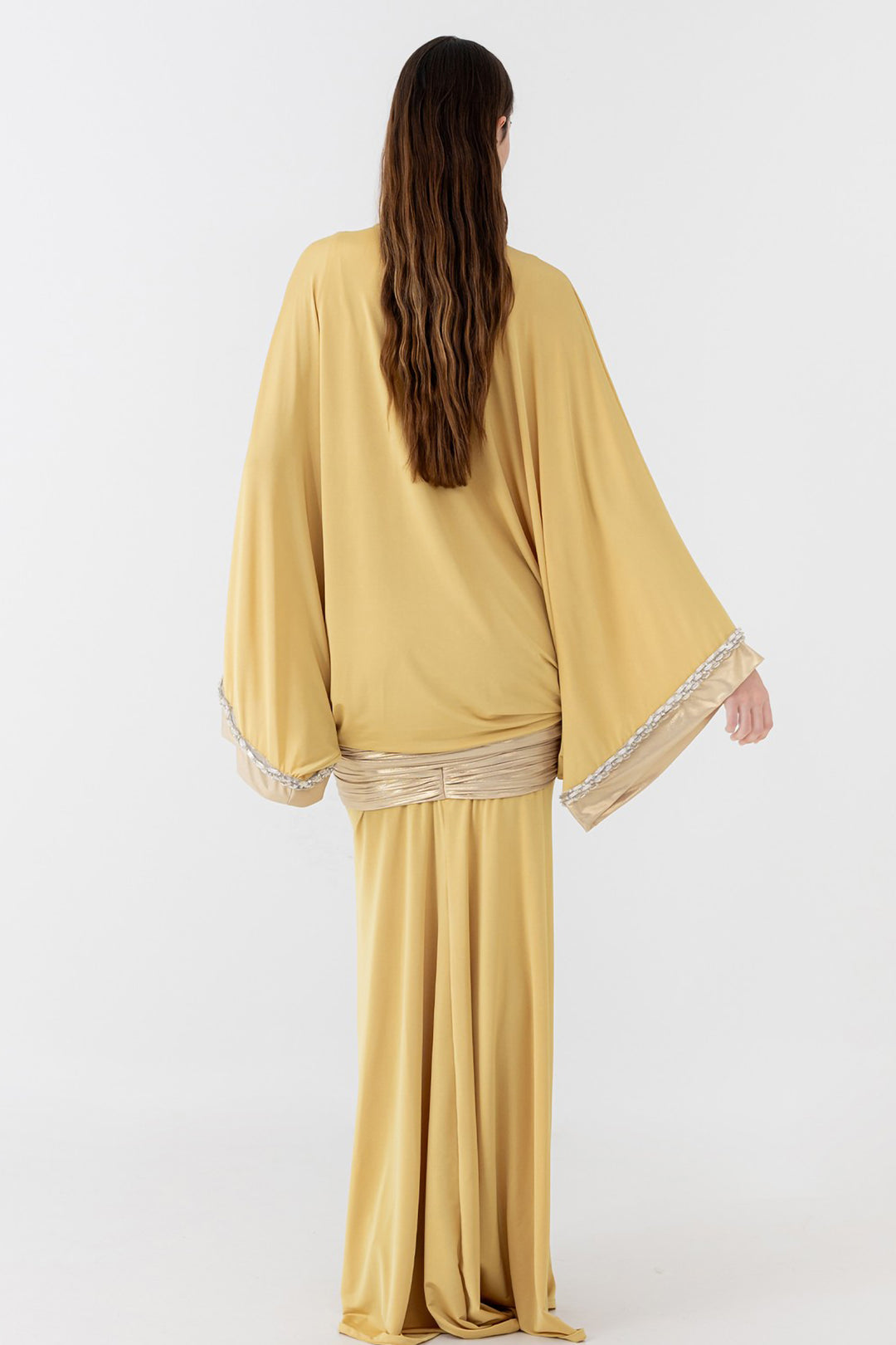 Draped Volume Kimono Dress with Deep V-Neckline