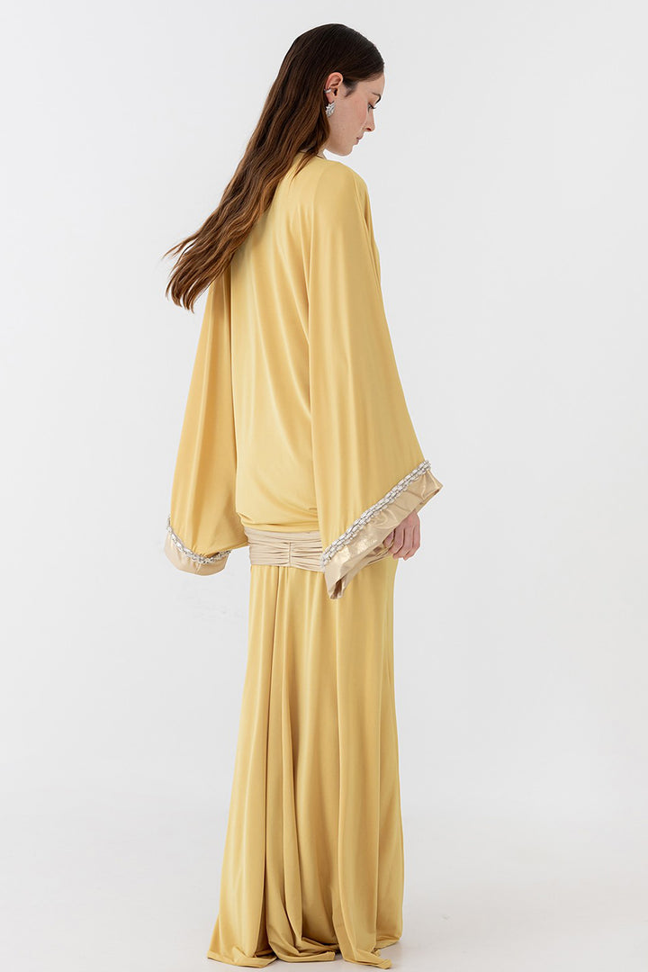 Draped Volume Kimono Dress with Deep V-Neckline