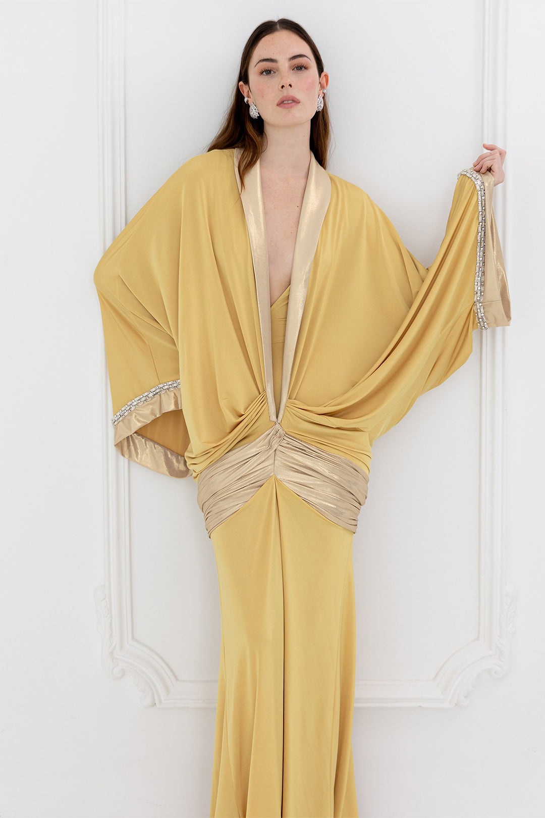 Draped Volume Kimono Dress with Deep V-Neckline