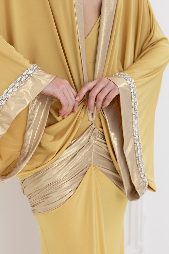 Draped Volume Kimono Dress with Deep V-Neckline