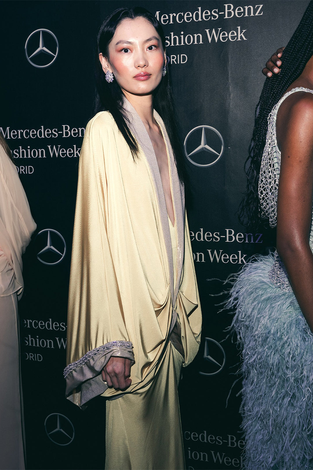 Draped Volume Kimono Dress with Deep V-Neckline