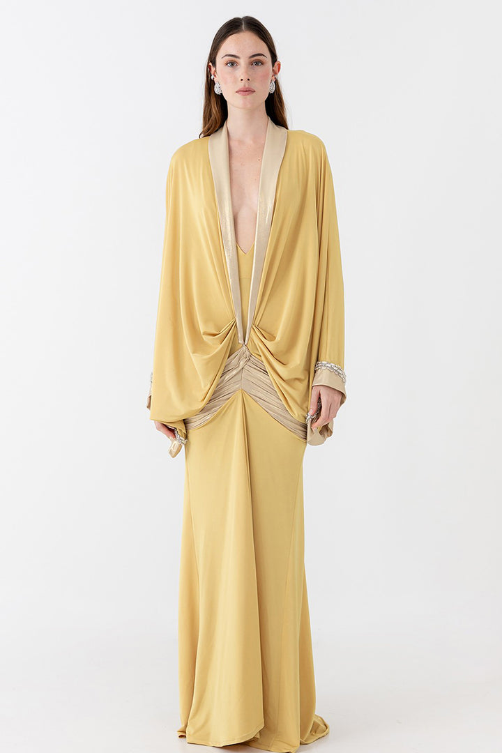 Draped Volume Kimono Dress with Deep V-Neckline
