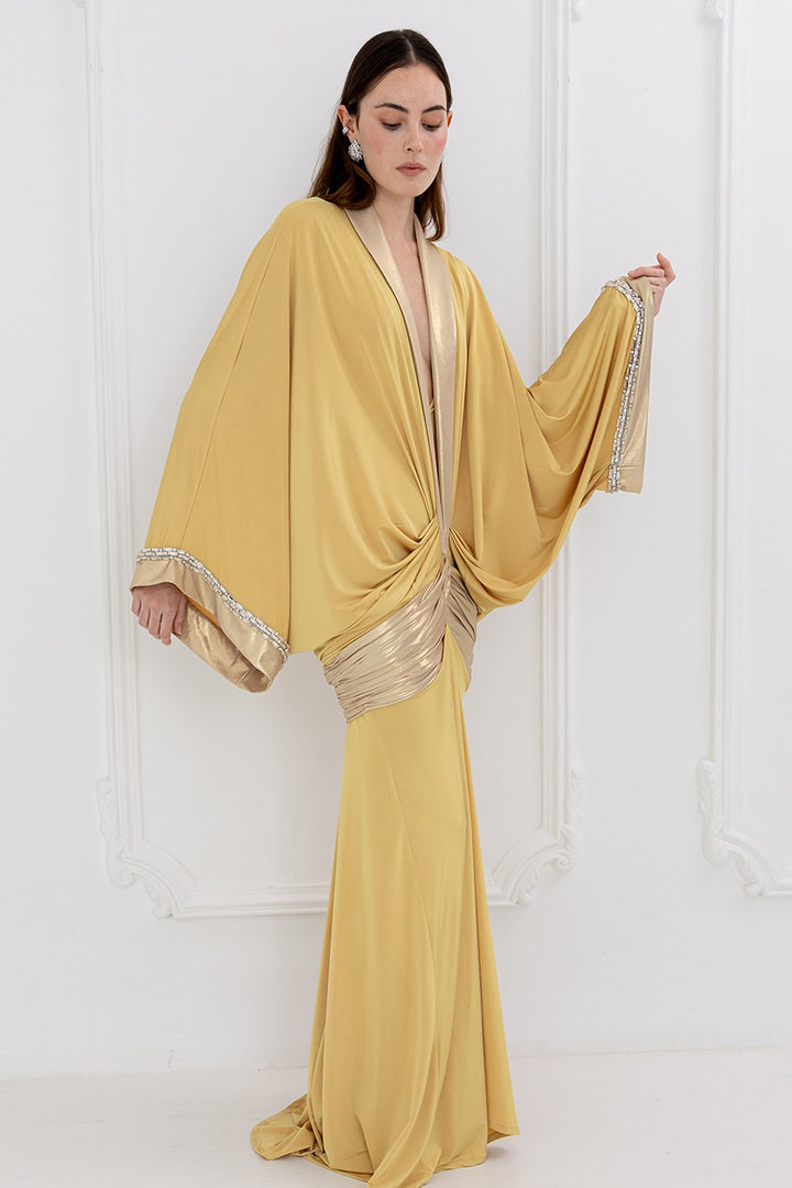 Draped Volume Kimono Dress with Deep V-Neckline