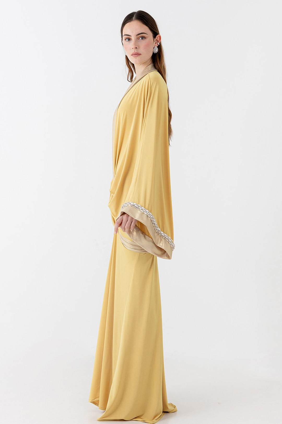 Draped Volume Kimono Dress with Deep V-Neckline