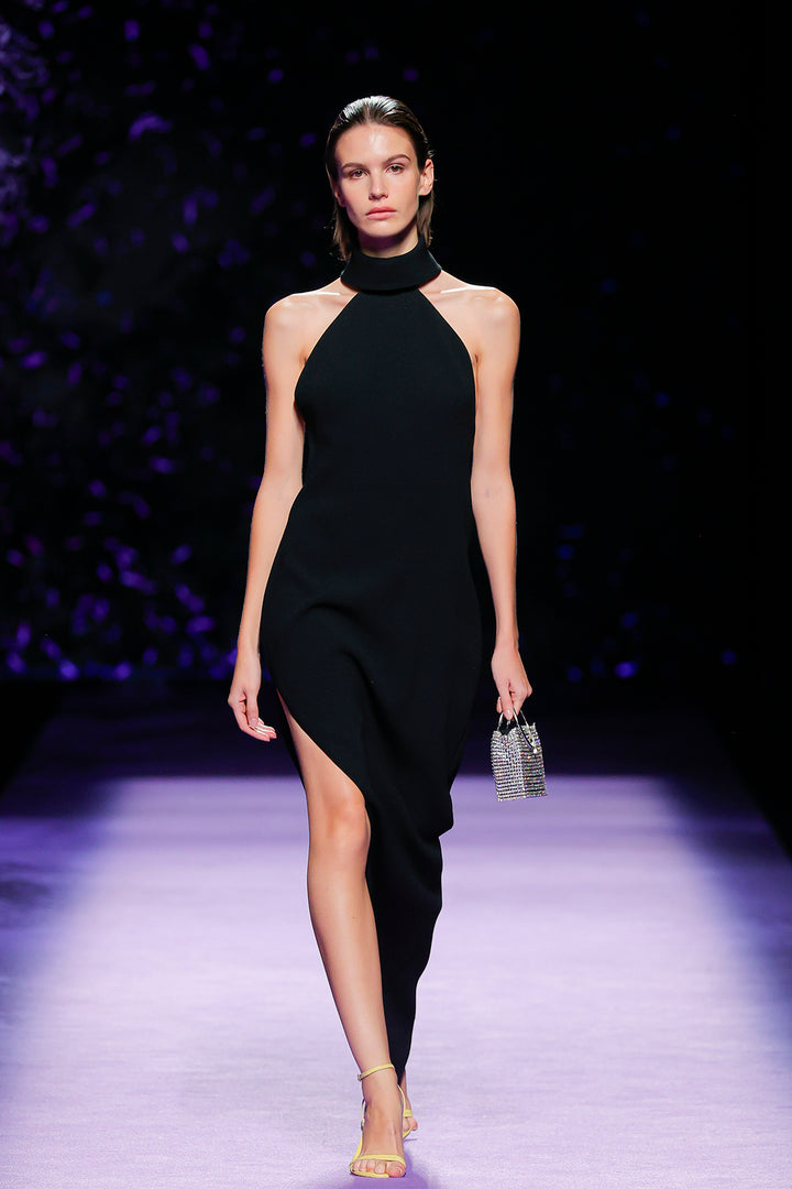 Sleeveless Dress with High Neckline and Thigh-High Slit