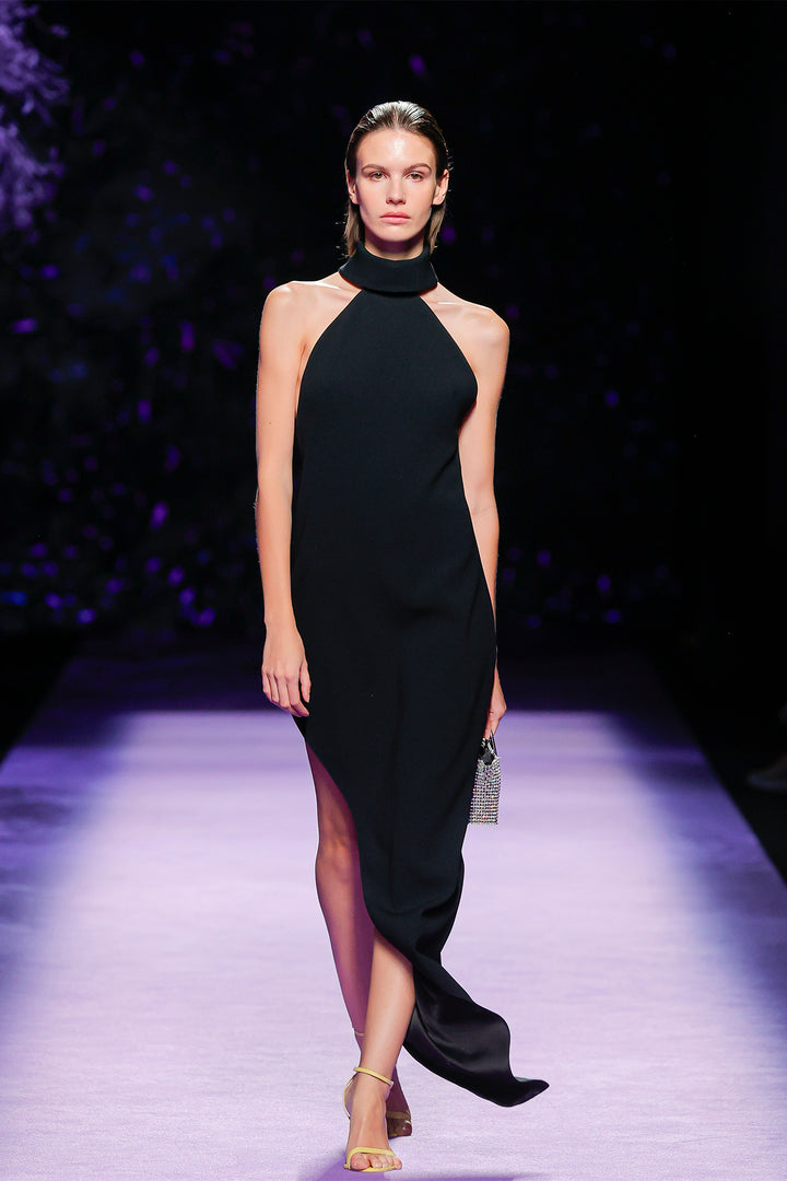 Sleeveless Dress with High Neckline and Thigh-High Slit