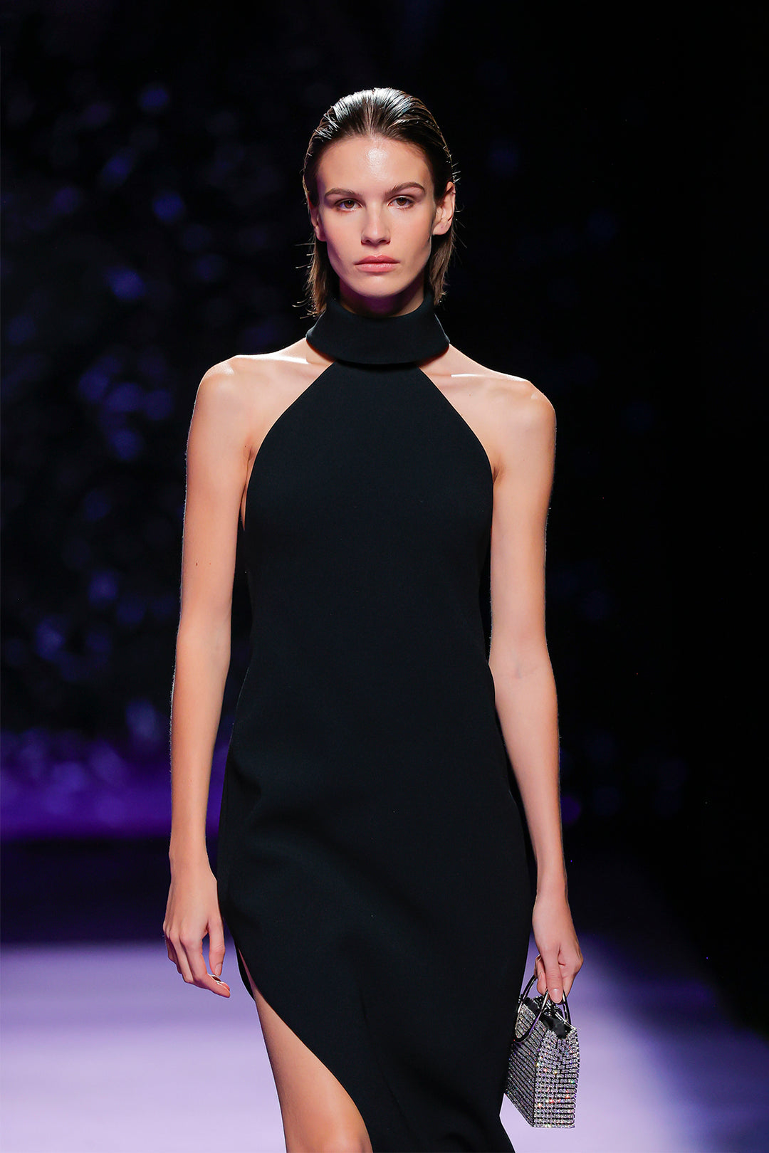 Sleeveless Dress with High Neckline and Thigh-High Slit