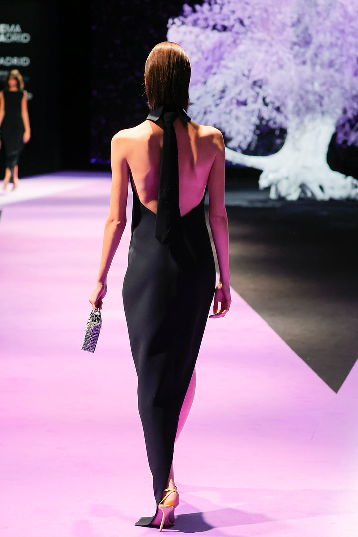 Sleeveless Dress with High Neckline and Thigh-High Slit