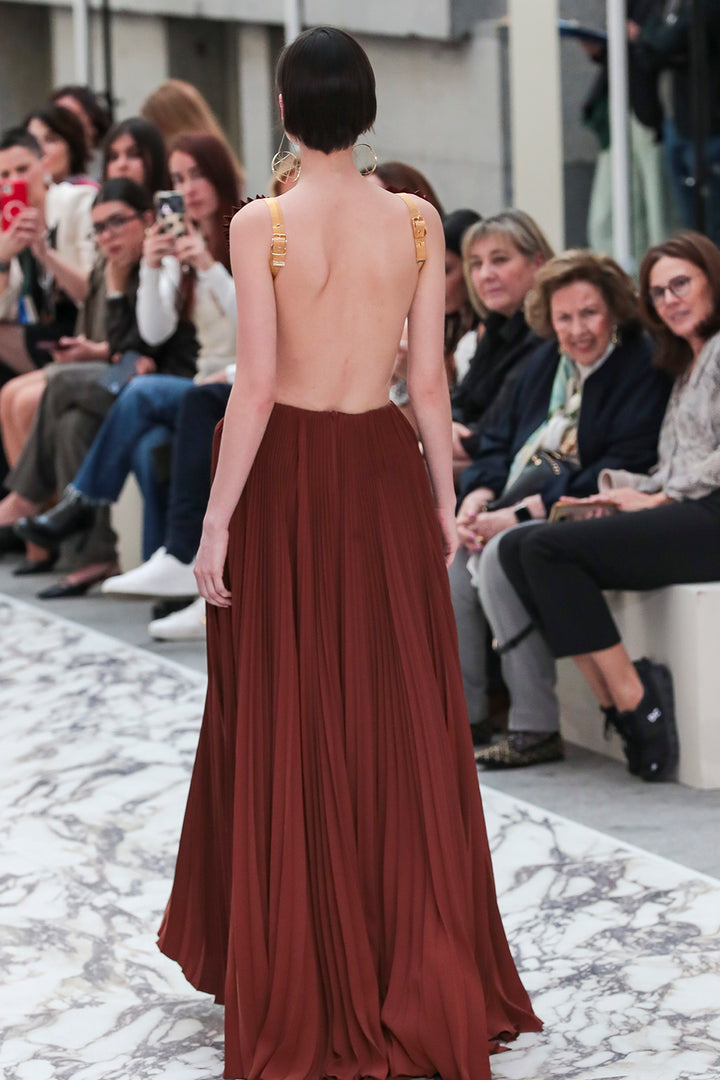 V-Neckline Pleated Long Dress