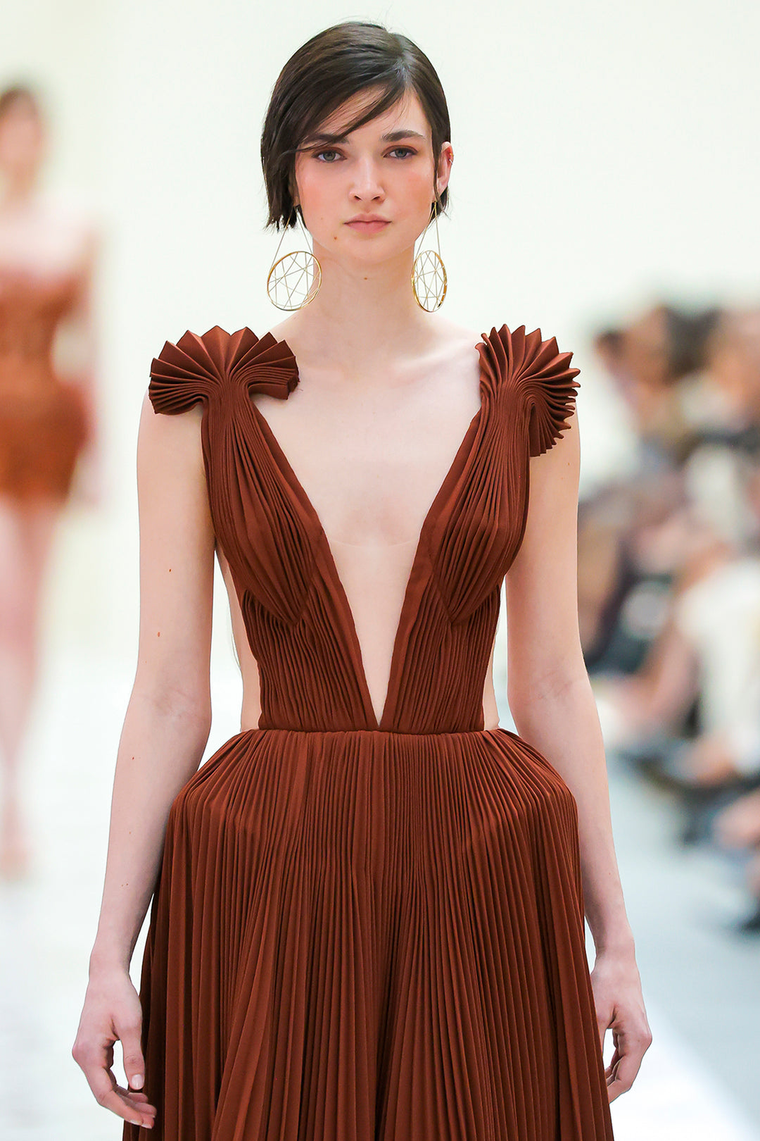 V-Neckline Pleated Long Dress