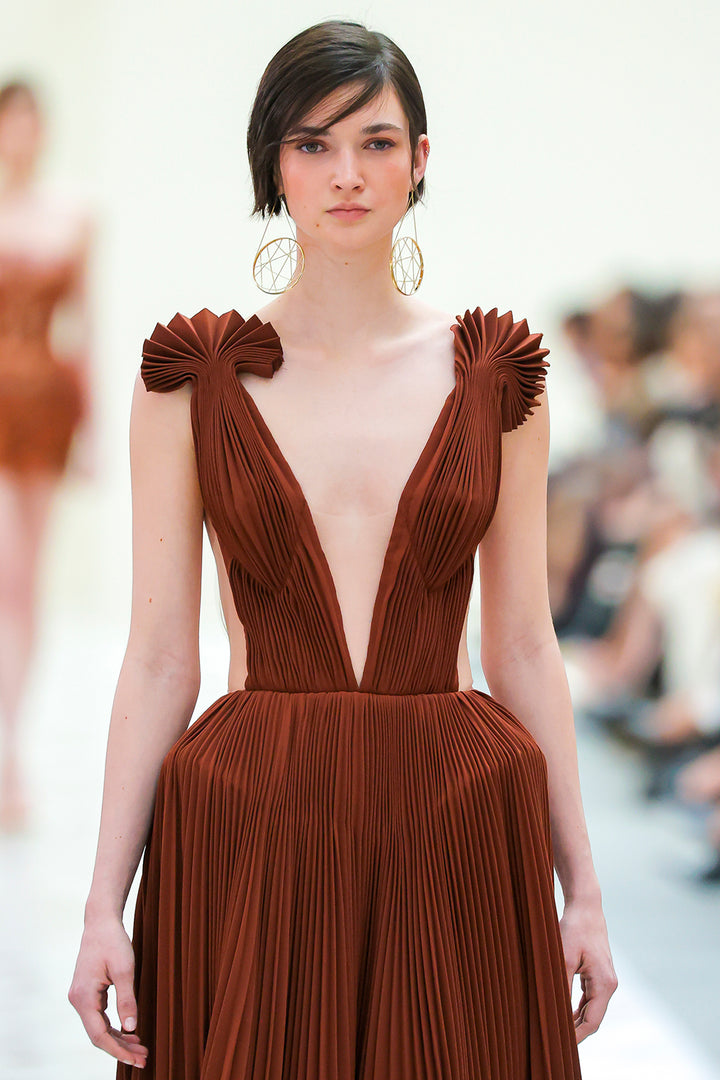 V-Neckline Pleated Long Dress