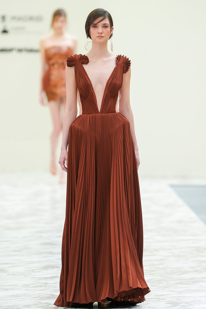 V-Neckline Pleated Long Dress