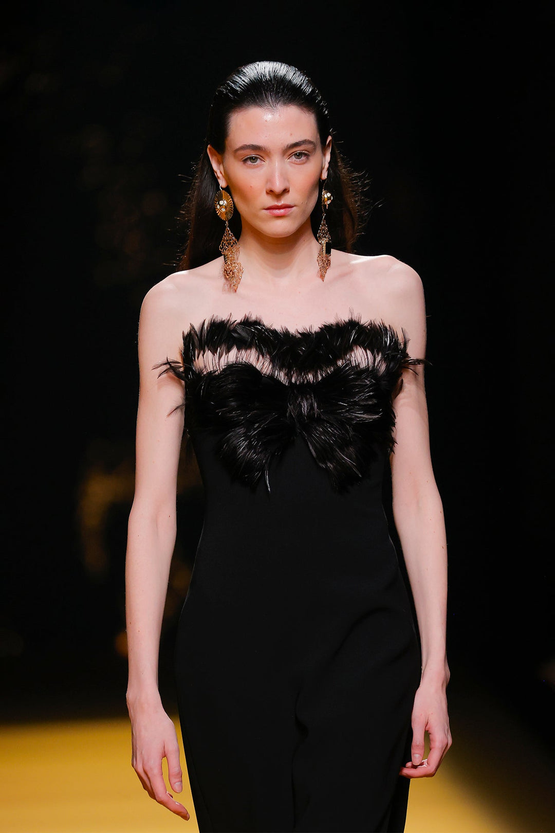 Strapless Straight-Cut Dress with Feathers