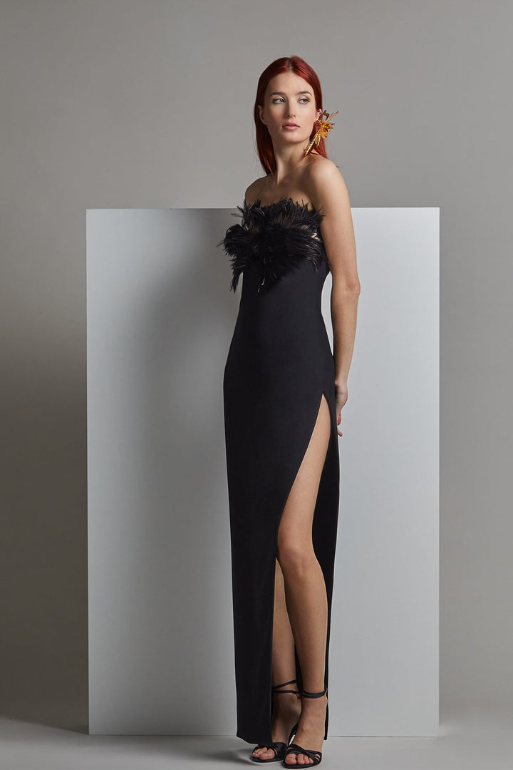 Strapless Straight-Cut Dress with Feathers