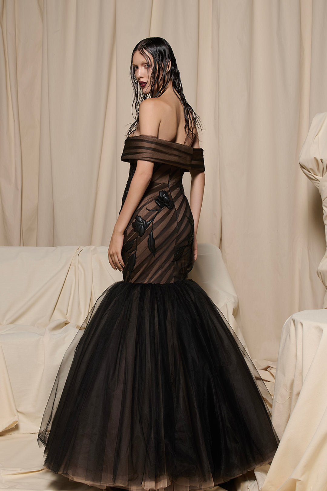 Off-The-Shoulder Mermaid Layered Tulle Fishtail and Floral Details