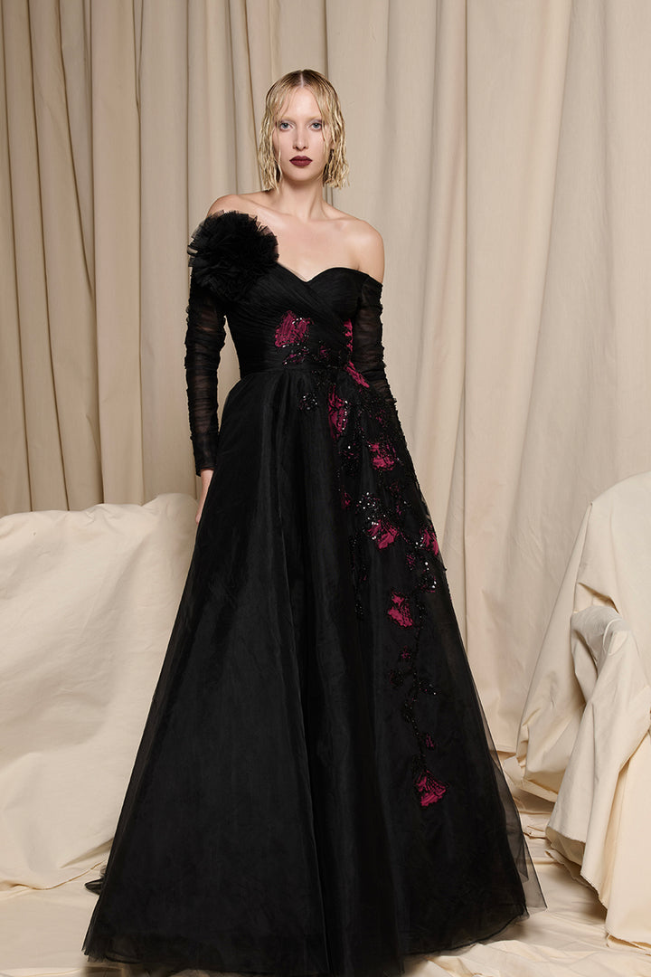 A-Line Dress with Hand-Embroidered Florals