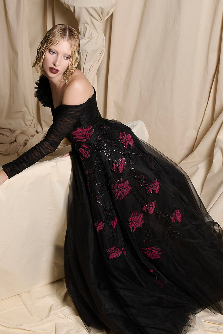 A-Line Dress with Hand-Embroidered Florals