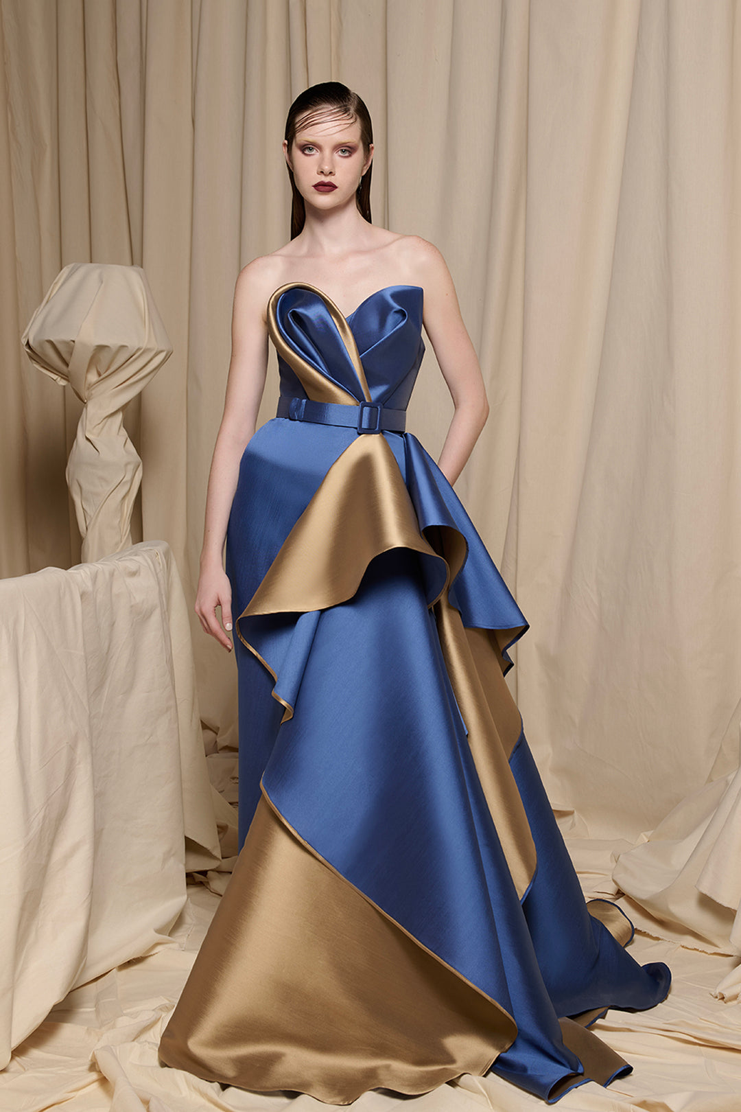 Strapless Satin Dress with Asymmetrical Overskirt Blue and Antique Gold / US 4