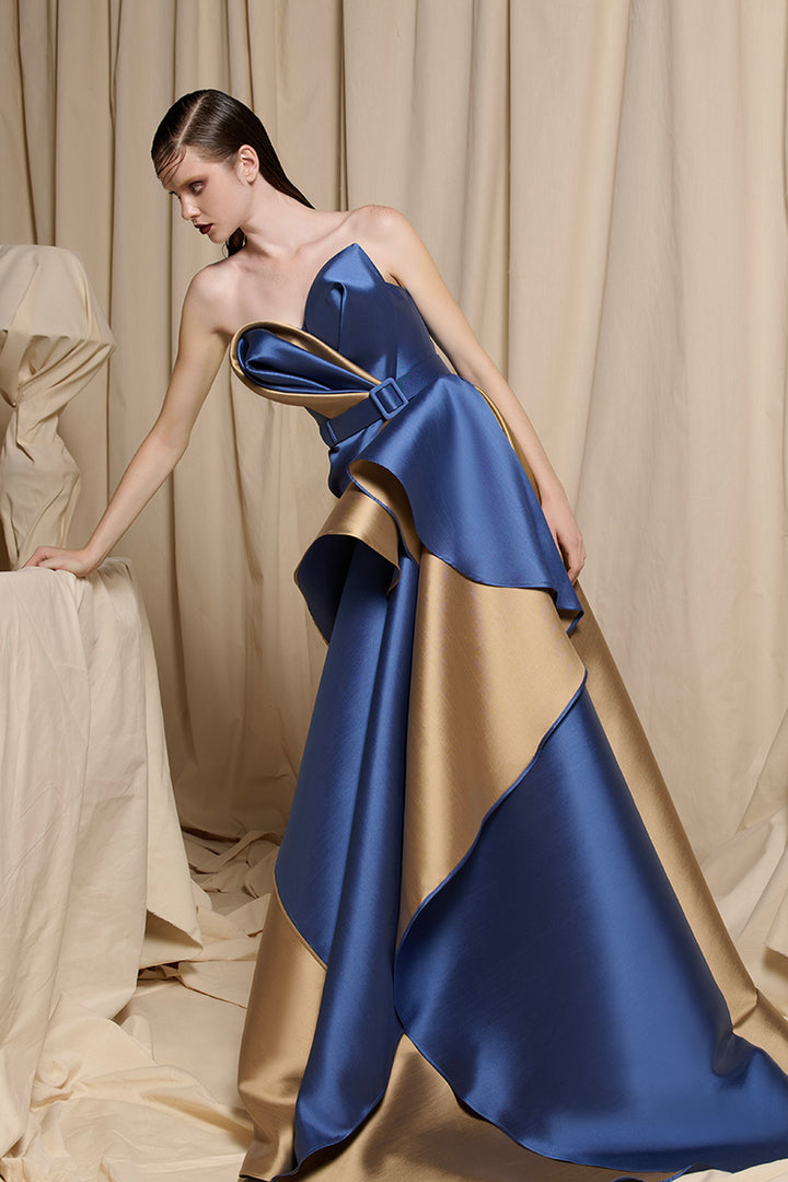 Strapless Satin Dress with Asymmetrical Overskirt