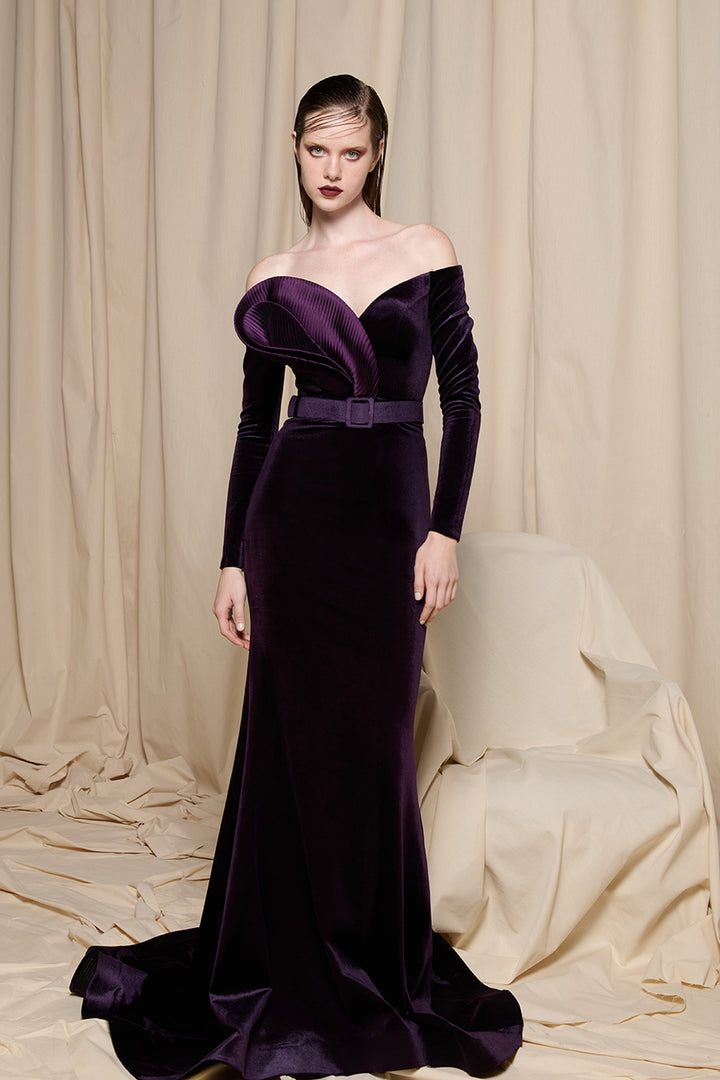 Off-The-Shoulder Dress with Sculpted Pleated Neckline