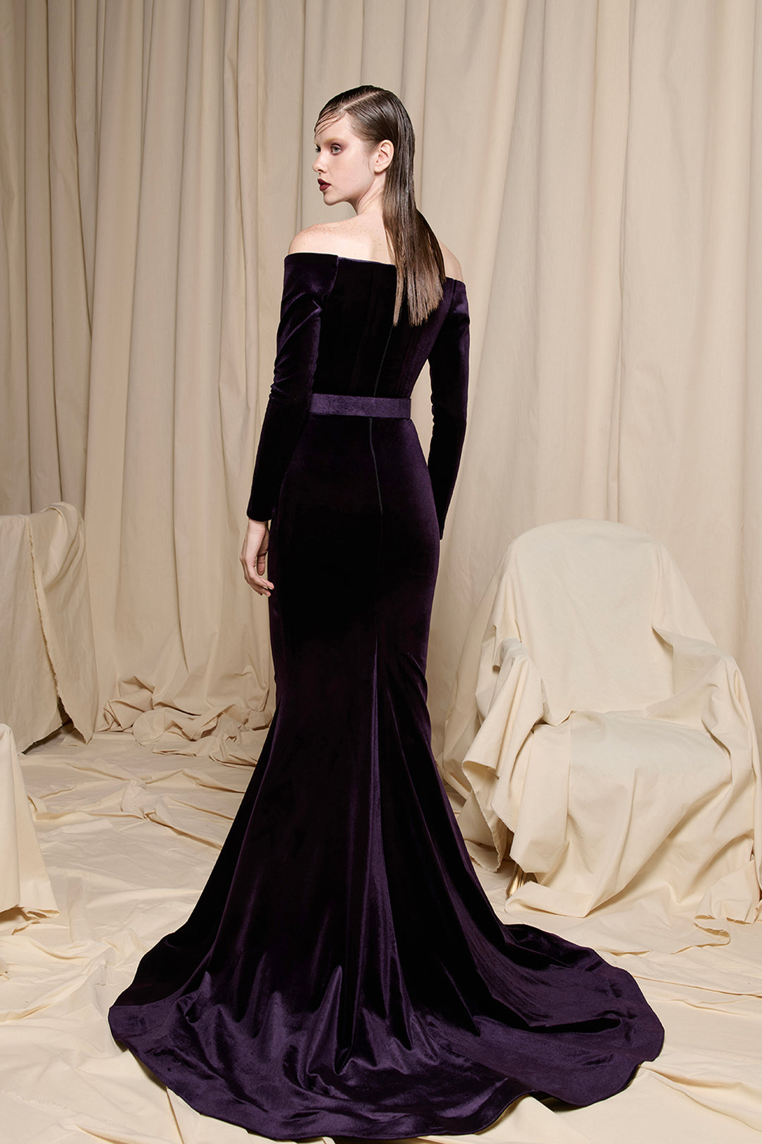 Off-The-Shoulder Dress with Sculpted Pleated Neckline