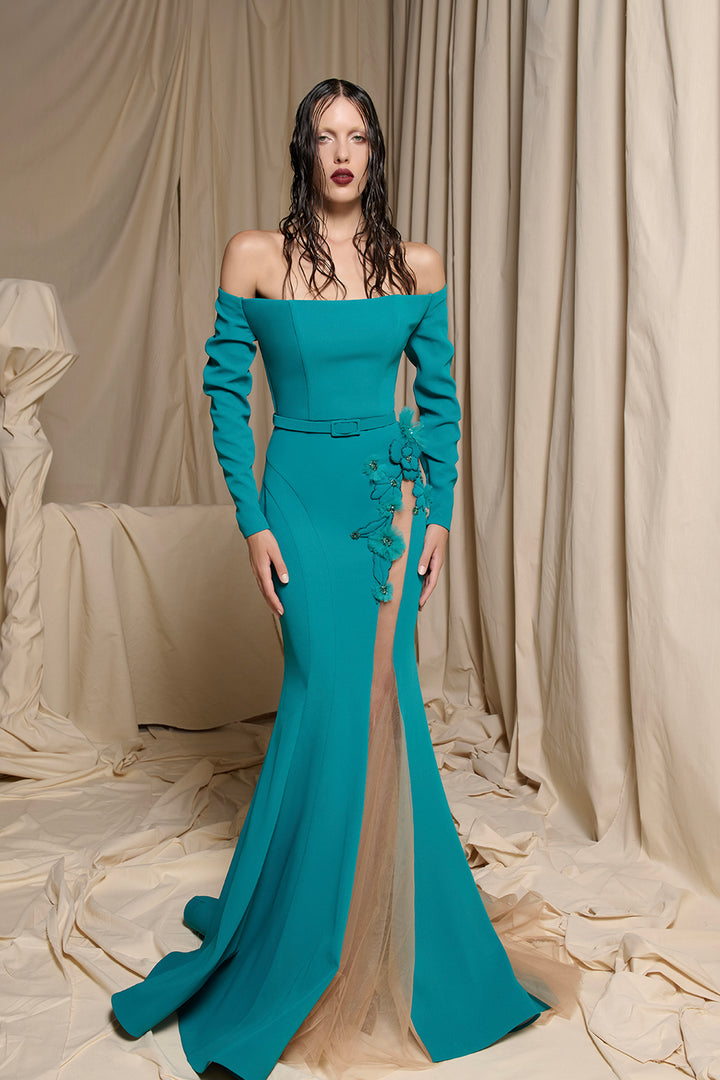 Strapless Crepe Dress with 3D Floral Appliqués