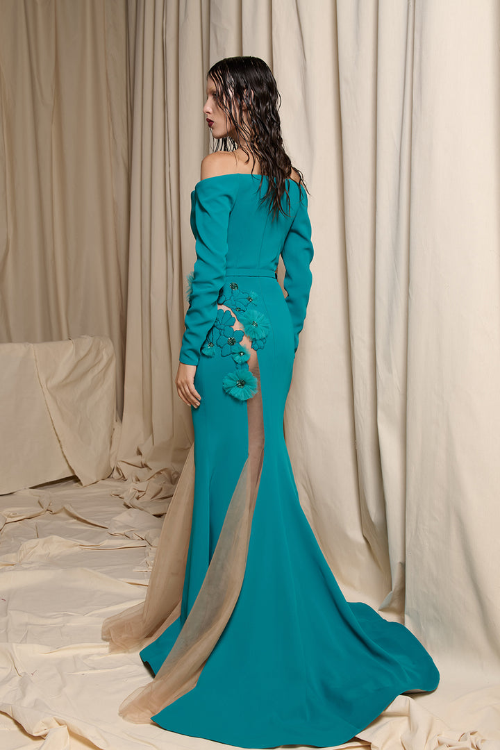 Strapless Crepe Dress with 3D Floral Appliqués