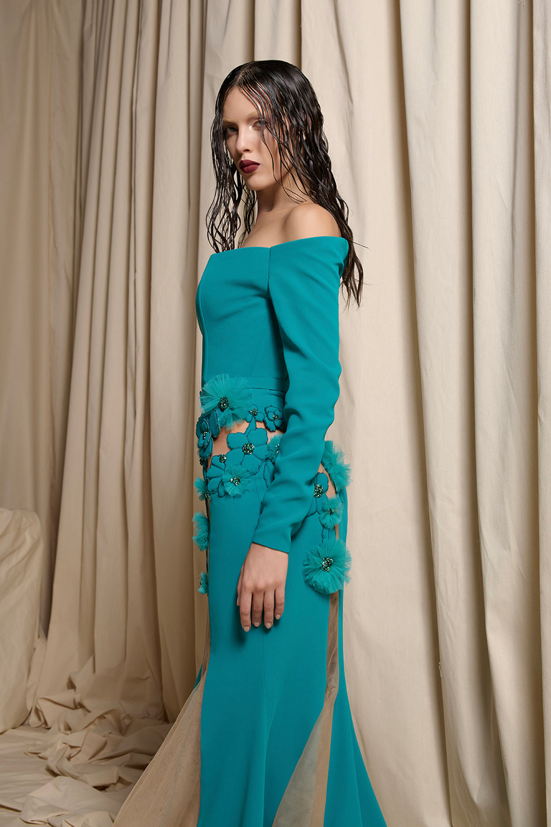 Strapless Crepe Dress with 3D Floral Appliqués