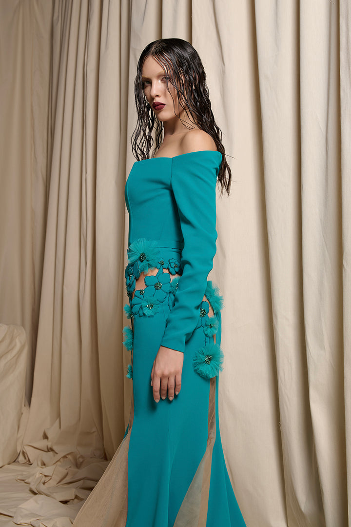 Strapless Crepe Dress with 3D Floral Appliqués