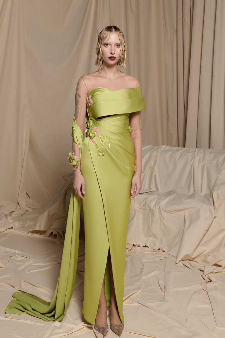 Sleek Column Dress with Petal-Fold Strapless Bodice