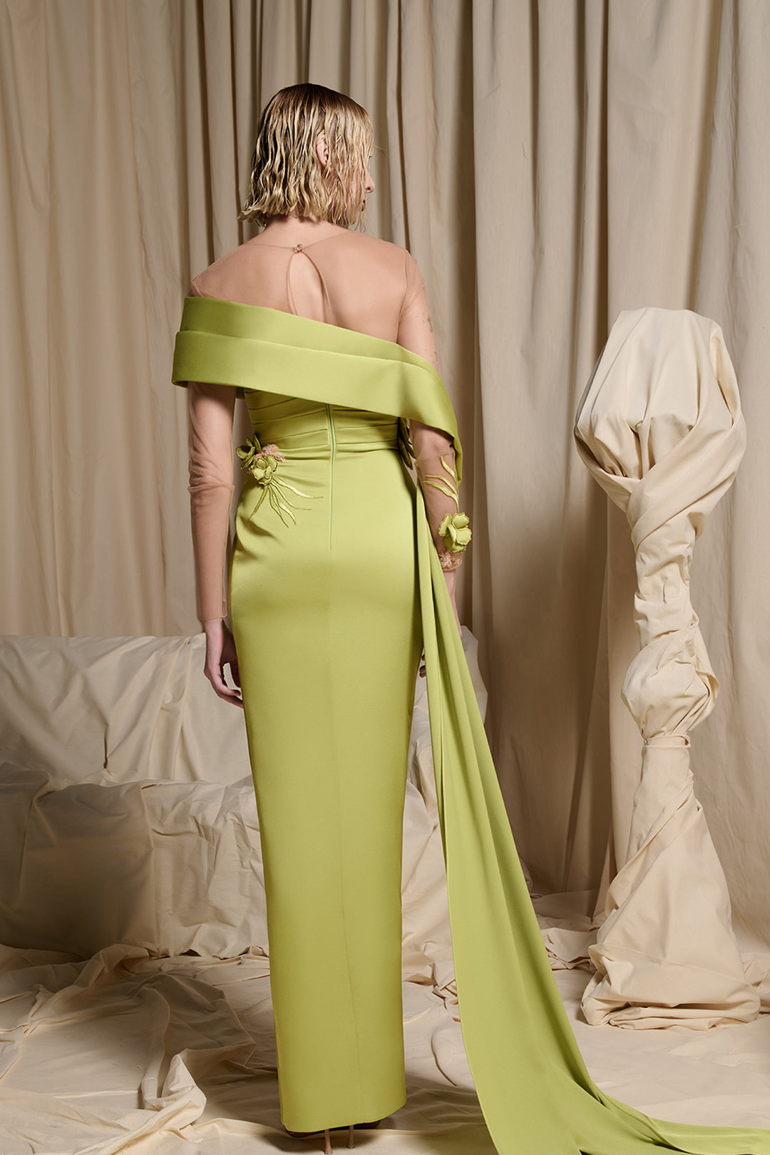 Sleek Column Dress with Petal-Fold Strapless Bodice