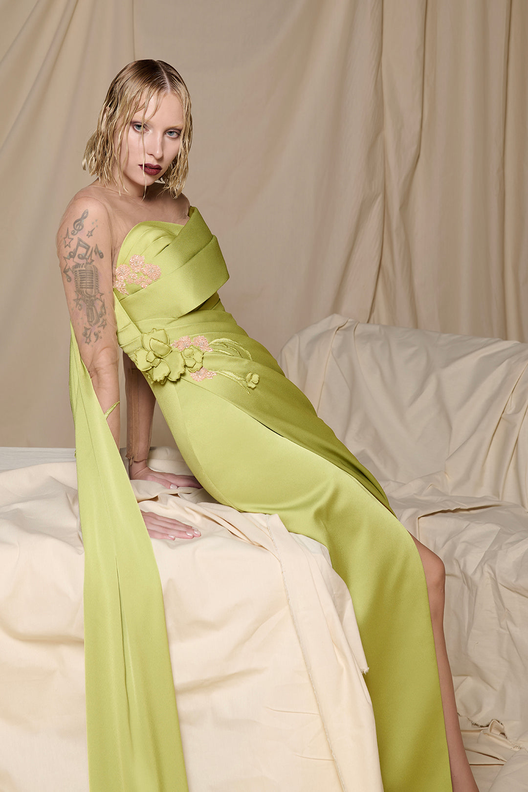 Sleek Column Dress with Petal-Fold Strapless Bodice